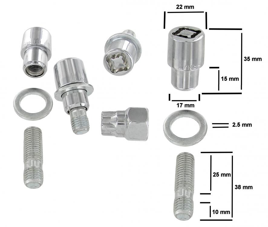 Chrom Radsicherungsmuttern M12 mit Stehbolzen und Unterlegscheibe