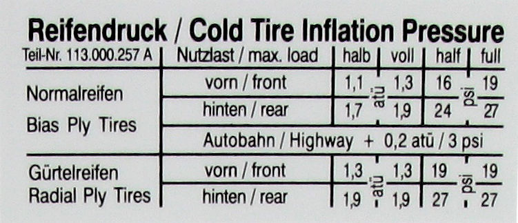 Restaurierungs Aufkleber Reifendruck für VW Käfer & Ghia