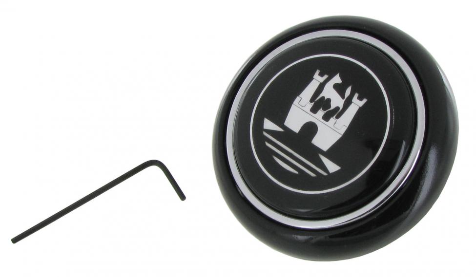 Hupenknopf schwarz mit silbernem Emblem für Oldtimer