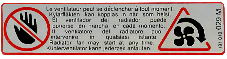 Kühllüfter Warning Aufkleber für T3 Bulli wassergekühlt