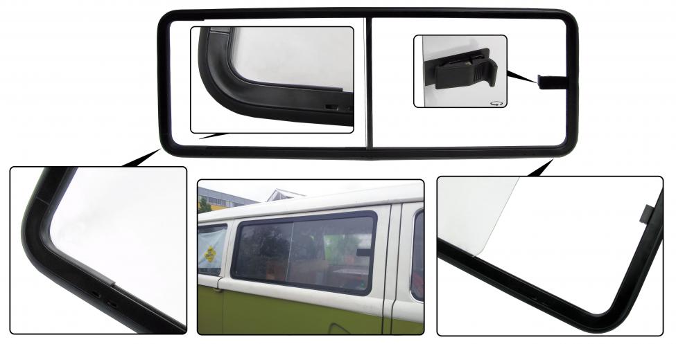 Schiebefenster zentral mit schwarzem Aluminiumrahmen rechts