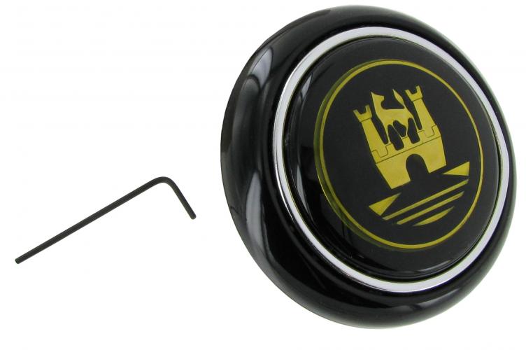 Hupknopf schwarz mit goldfarbigem Emblem