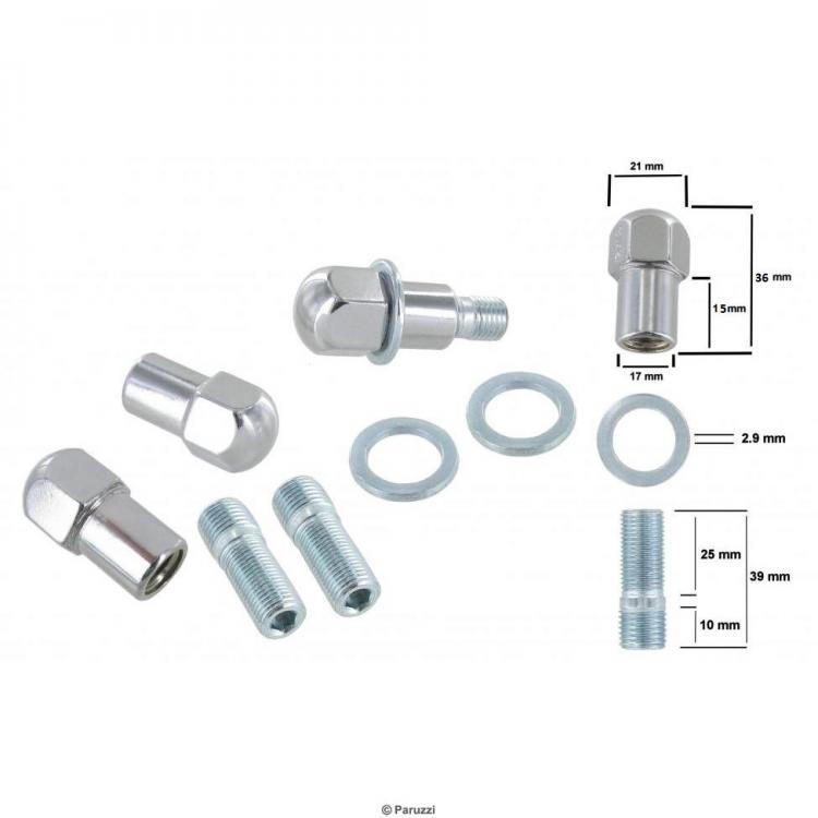 Chrom Radsicherungsmuttern Set M12/M14 mit Stehbolzen und Unterlegscheiben