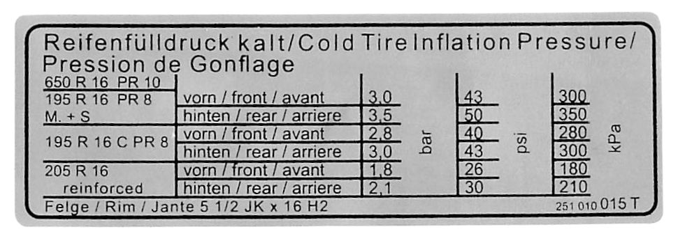 Reifendruck Aufkleber für T3 Bulli Syncro 16 Zoll